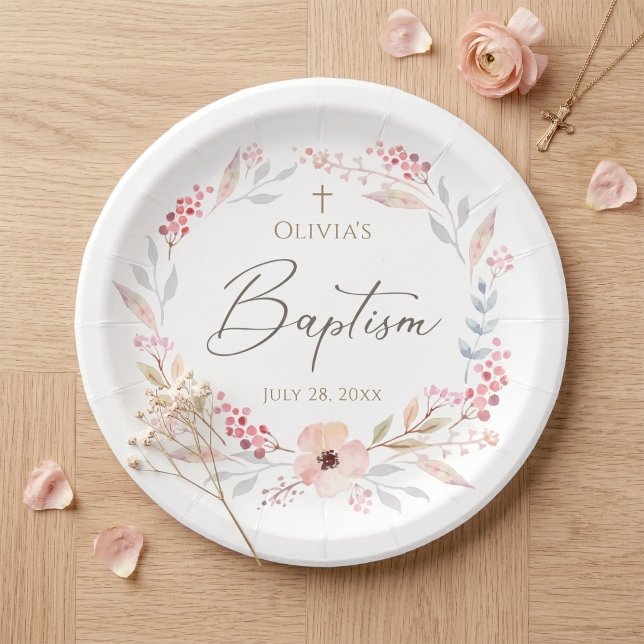 Rosa Floral Mädchen Taufe Rund Pappteller (Blush Pink Floral Girl Baptism Round Paper Plates)