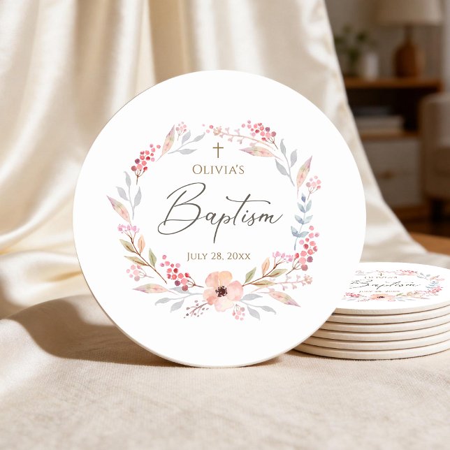 Rosa Floral Mädchen Taufe Runder Pappuntersetzer (Blush Pink Floral Girl Baptism Round Paper Coaster)