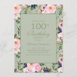 Rosa floral mintgrün 100. Geburtstag Einladung