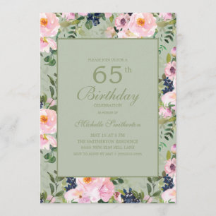Rosa floral mintgrün 65. Geburtstag Einladung