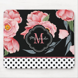 Rosa Floral mit Polka Dosen und Monogramm Mousepad