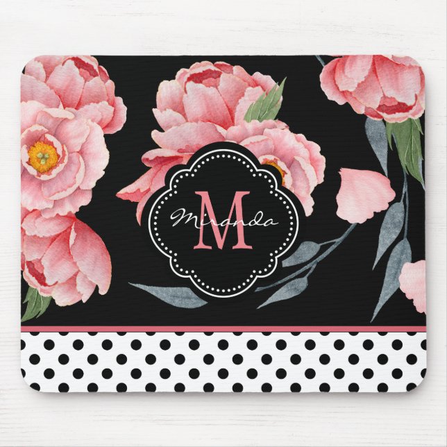 Rosa Floral mit Polka Dosen und Monogramm Mousepad (Vorne)