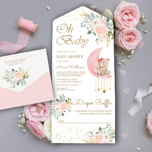Rosa Floral Mond Süßer Teddybär Baby Shower All In One Einladung