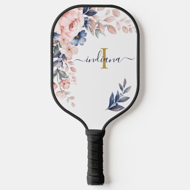 Rosa Floral Monogram Script Name Feminine Pickleball Schläger (Vorderseite)