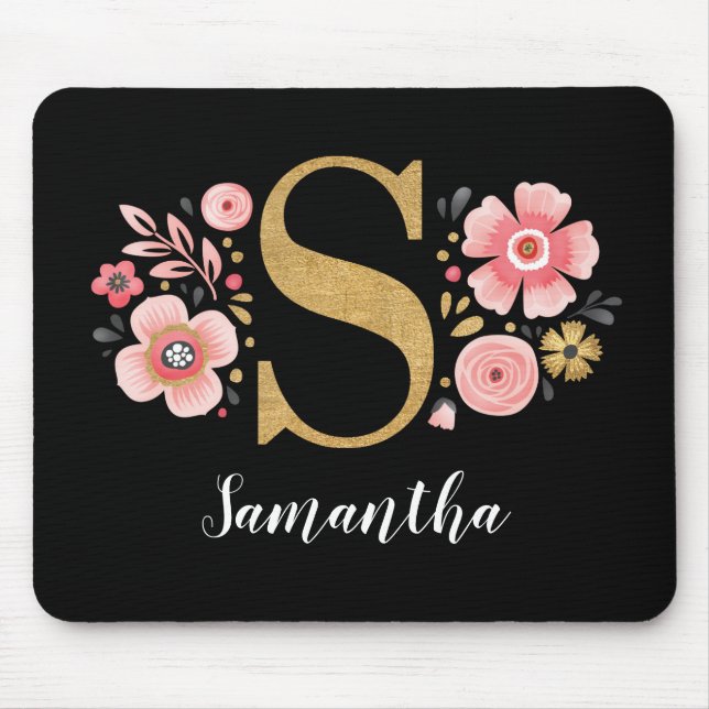Rosa Floral Monogramm Mousepad (Vorne)