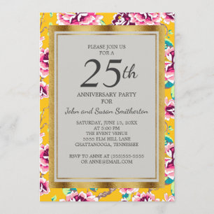Rosa Floral Mustard Yellow 25-jähriges Party Einladung