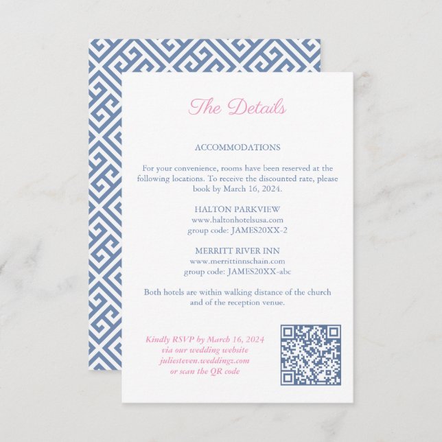 Rosa Floral Navy Monogram Wedding Details QR Code Begleitkarte (Vorne/Hinten)