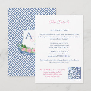 Rosa Floral Navy Monogram Wedding Details QR Code Begleitkarte