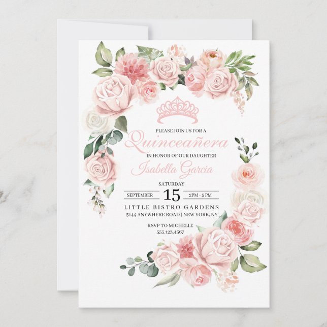 Rosa Floral Quinceanera Geburtstag Einladung (Vorderseite)