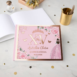Rosa Floral Quinceañera Quince 15 XV Rosen Gold Gästebuch