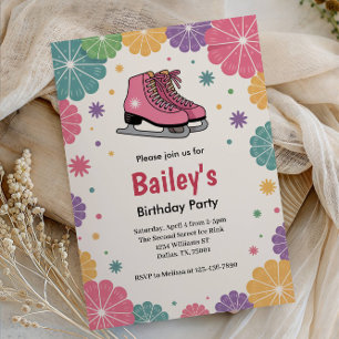 Rosa Floral Retro Ice Skaten Geburtstag Einladung