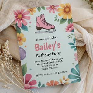 Rosa Floral Retro Ice Skaten Geburtstag Einladung