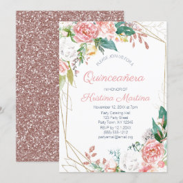 Rosa Floral Rose Gold Glitzer Quinceañera Geburtst Einladung