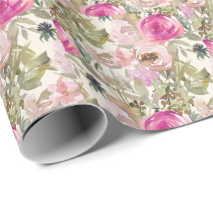 Rosa Floral Salbeigrüne Blätter Geschenkpapier