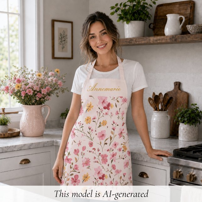 Rosa Floral Schürze (sweet girly elegant pink floral wildflower apron with custom monogram name in script calligraphy)