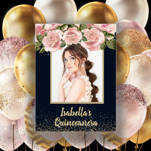Rosa Floral Schwarz Gold Foto Quinceañera Geburtst Poster