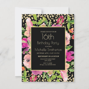 Rosa Floral Schwarz Gold Glitter 16. Geburtstag Karte