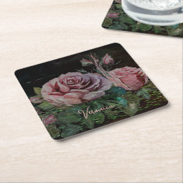 Rosa Floral Schwarz Rechteckiger Pappuntersetzer