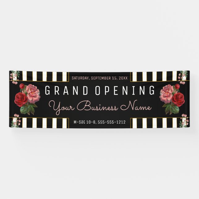 Rosa Floral Schwarz | White Stripes Banner (Horizontal)