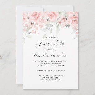 Rosa Floral Silber Schmetterling Sweet 16  Einladung