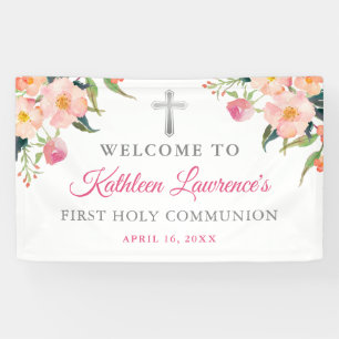 Rosa Floral Silver Cross Girl Erste Heilige Kommun Banner