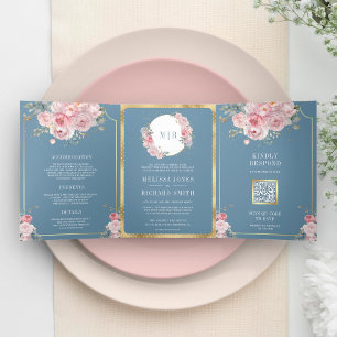 Rosa Floral Staubblau Alles-in-Einem Hochzeit Dreifach Gefaltete Einladung
