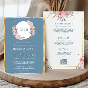Rosa Floral Staubblau Alles-in-Einem Hochzeit Einladung