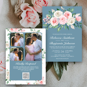 Rosa Floral Staubblau QR-Code Hochzeit Einladung