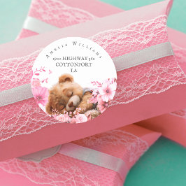 Rosa Floral Teddy Bären Rücksendeadresse Etikett Runder Aufkleber