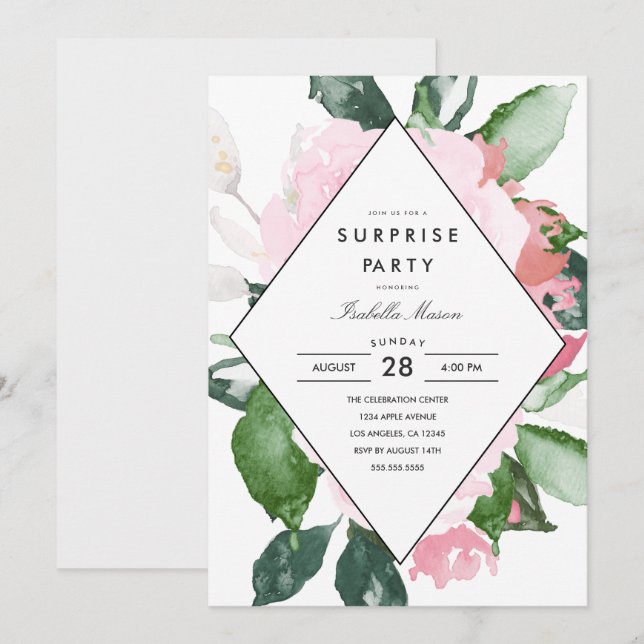 Rosa Floral | Überraschende Party Einladung (Vorne/Hinten)