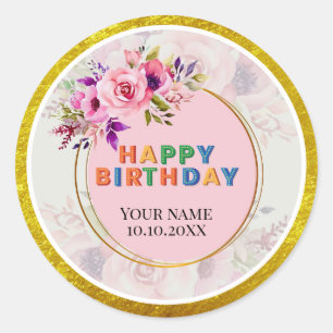 Rosa Floral und Gold Glitter Runde Alles Gute zum Runder Aufkleber