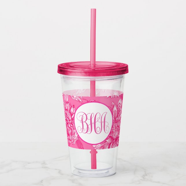 Rosa Floral und Monogramm Acryltrinkbecher (Vorderseite)