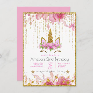Rosa Floral | Unicorn Birthday Party Einladung