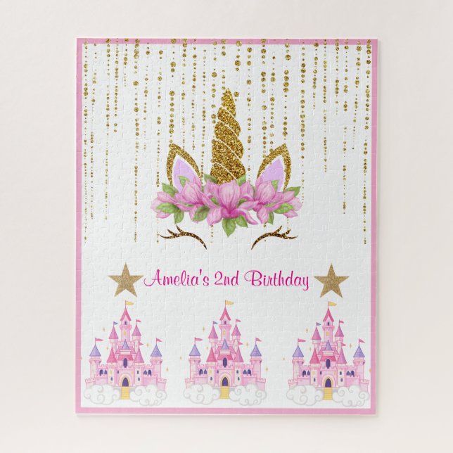 Rosa Floral | Unicorn Birthday Party Puzzle (Vertikal)