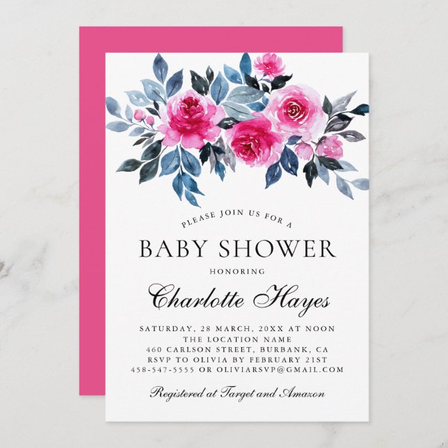 Rosa Floral Wasserfarbe Elegante Babydusche Einladung (Vorne/Hinten)