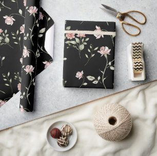 Rosa Floral Wasserfarbe Schwarz Geschenkpapier
