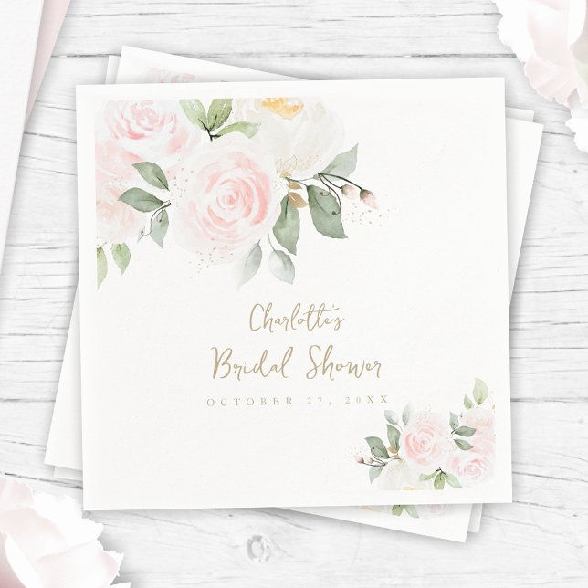 Rosa Floral Watercolor Gold Brautparty Napkins Serviette (Von Creator hochgeladen)