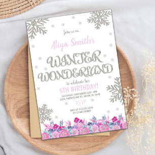 Rosa Floral Winter Wunderland Geburtstagseinladung Einladung