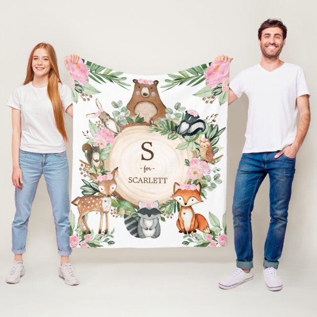 Rosa Floral Woodland Tiere, benutzerdefinierte Mon Fleecedecke (Beispiel)