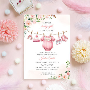 Rosa florale Babyparty Wäsche Einladung