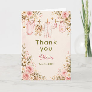 Rosa Florale Babyparty-Wäscheleine Babyparty Dankeskarte