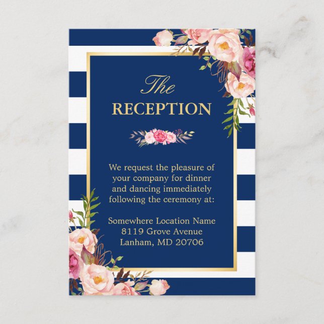 Rosa florale blaue Streifen Hochzeitsempfang Begleitkarte (Vorderseite)