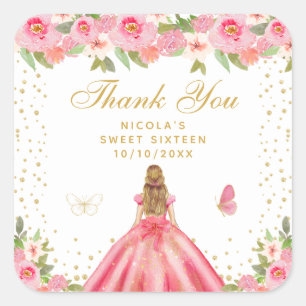 Rosa Florale Blondhaarige Prinzessin Sweet Sixteen Quadratischer Aufkleber
