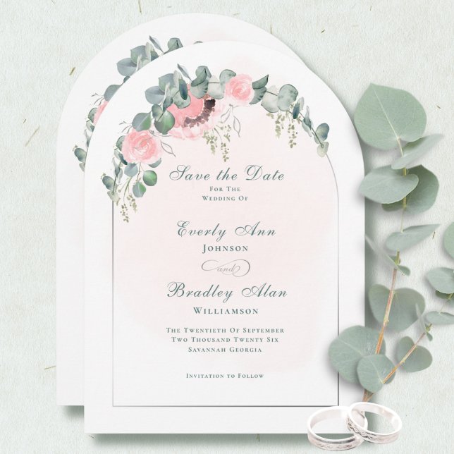 Rosa Florale Bogen Eukalyptus Save-the-Date   Einladung (Von Creator hochgeladen)