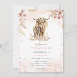 Rosa Florale Boho Highland-Kuh-Baby-Party Einladung