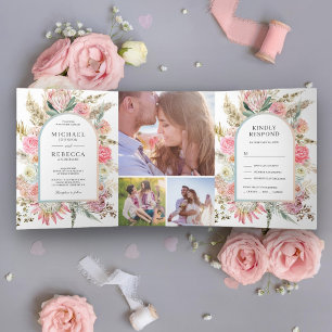 Rosa Florale Boho Pampas Gras Foto Hochzeit Dreifach Gefaltete Einladung