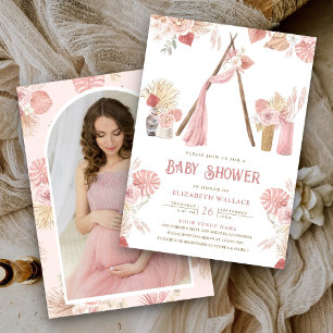 Rosa florale Boho-Strand-Laube Foto-Baby-Party Einladung