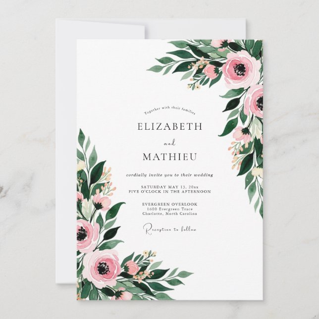 Rosa florale botanische Hochzeit Einladung (Vorderseite)
