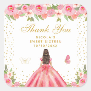 Rosa florale braunhaarige Haarprinzessin Sweet Six Quadratischer Aufkleber