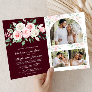 Rosa Florale Burgunder QR-Code Hochzeit Einladung